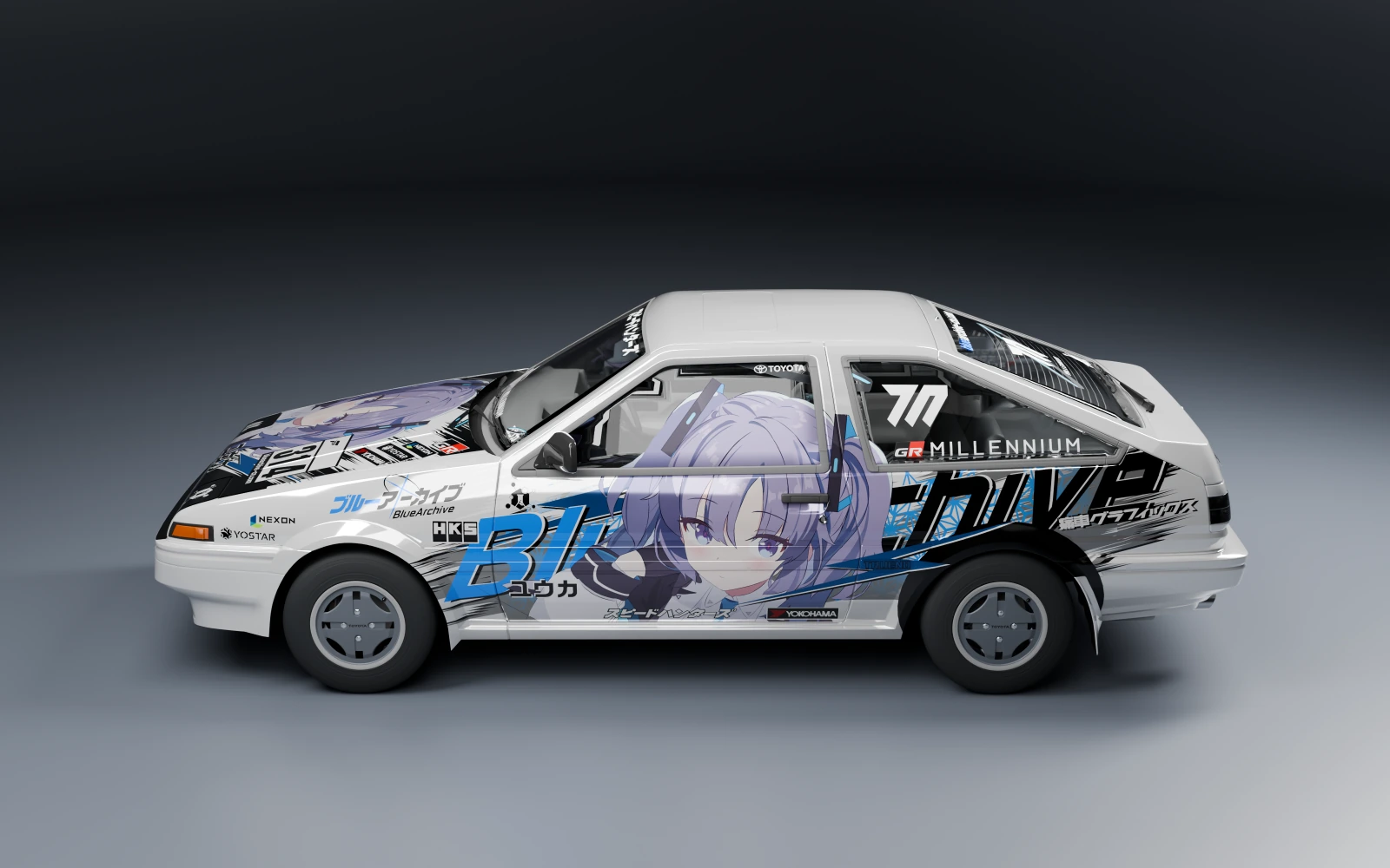 Toyota Sprinter Trueno GT Apex 1985 × Hayase Yuuka · Side profile · Studio