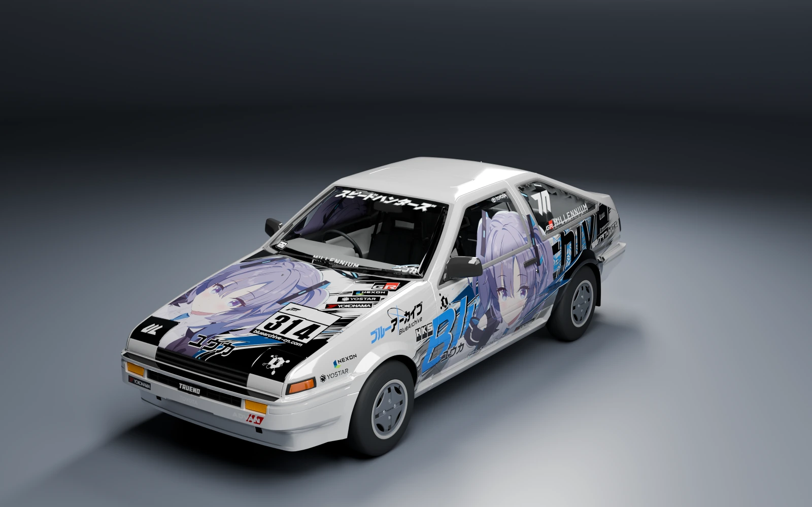 Toyota Sprinter Trueno GT Apex 1985 × Hayase Yuuka · Front quarter · Studio