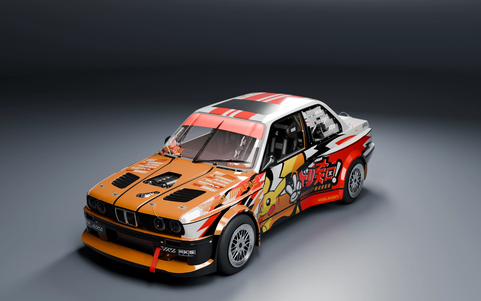 Formula Drift #98 BMW 325i 1989 × Pikachu · Front quarter · Studio