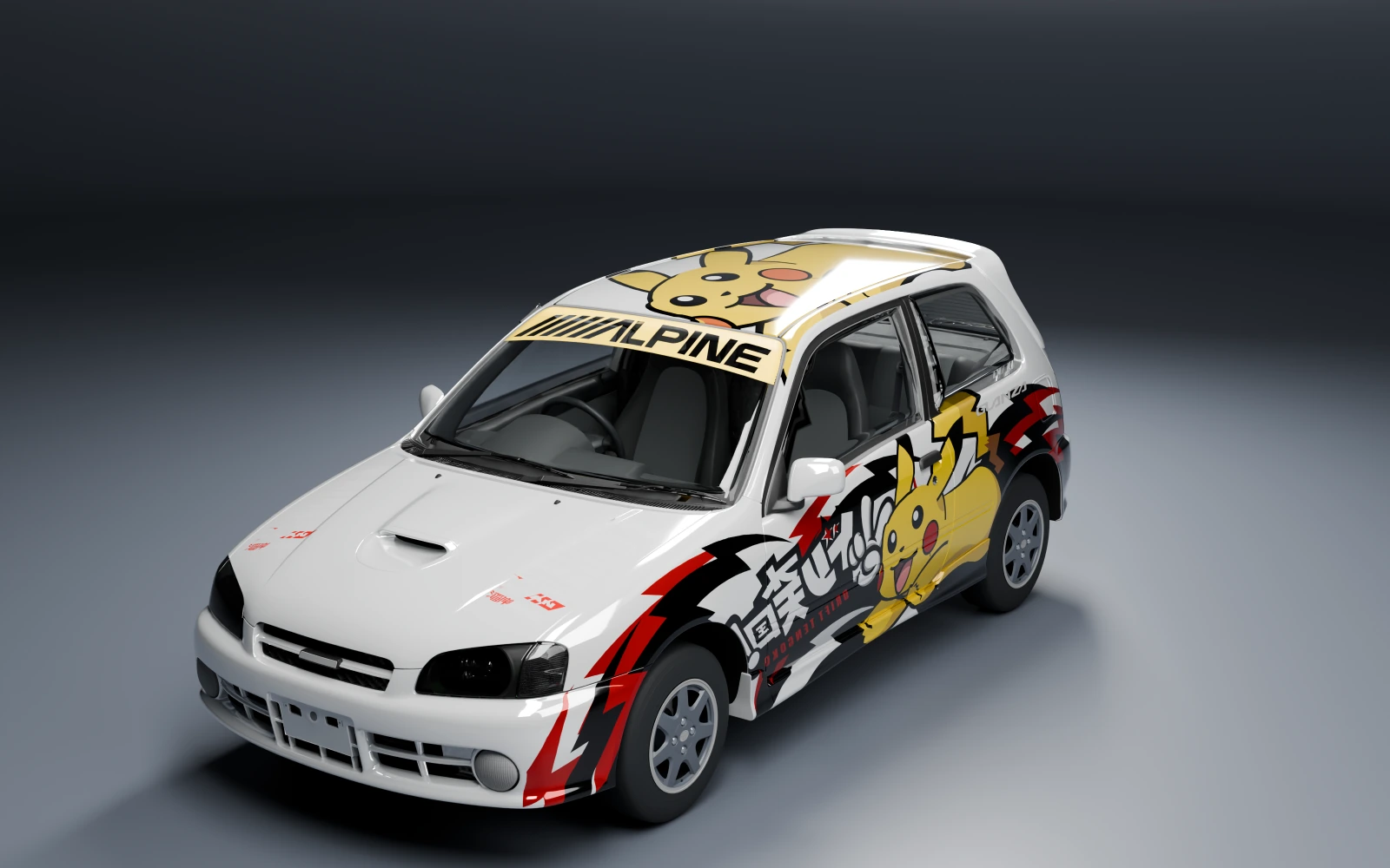 Toyota Starlet Glanza V 1996 × Pikachu · Front quarter · Studio