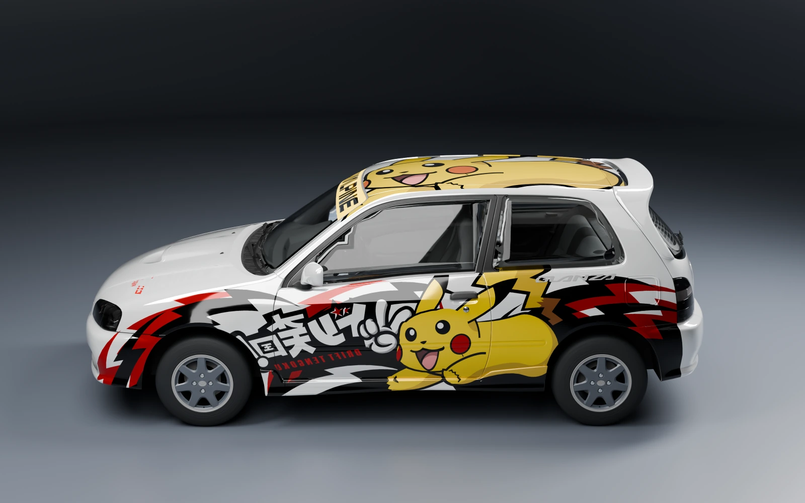 Toyota Starlet Glanza V 1996 × Pikachu · Side profile · Studio