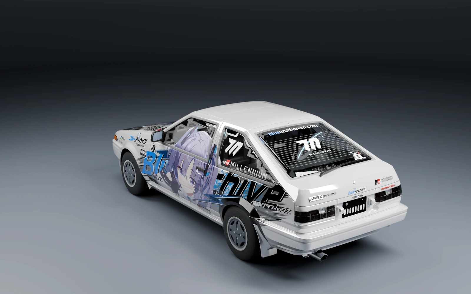 Toyota Sprinter Trueno GT Apex 1985 × Hayase Yuuka · Rear quarter · Studio