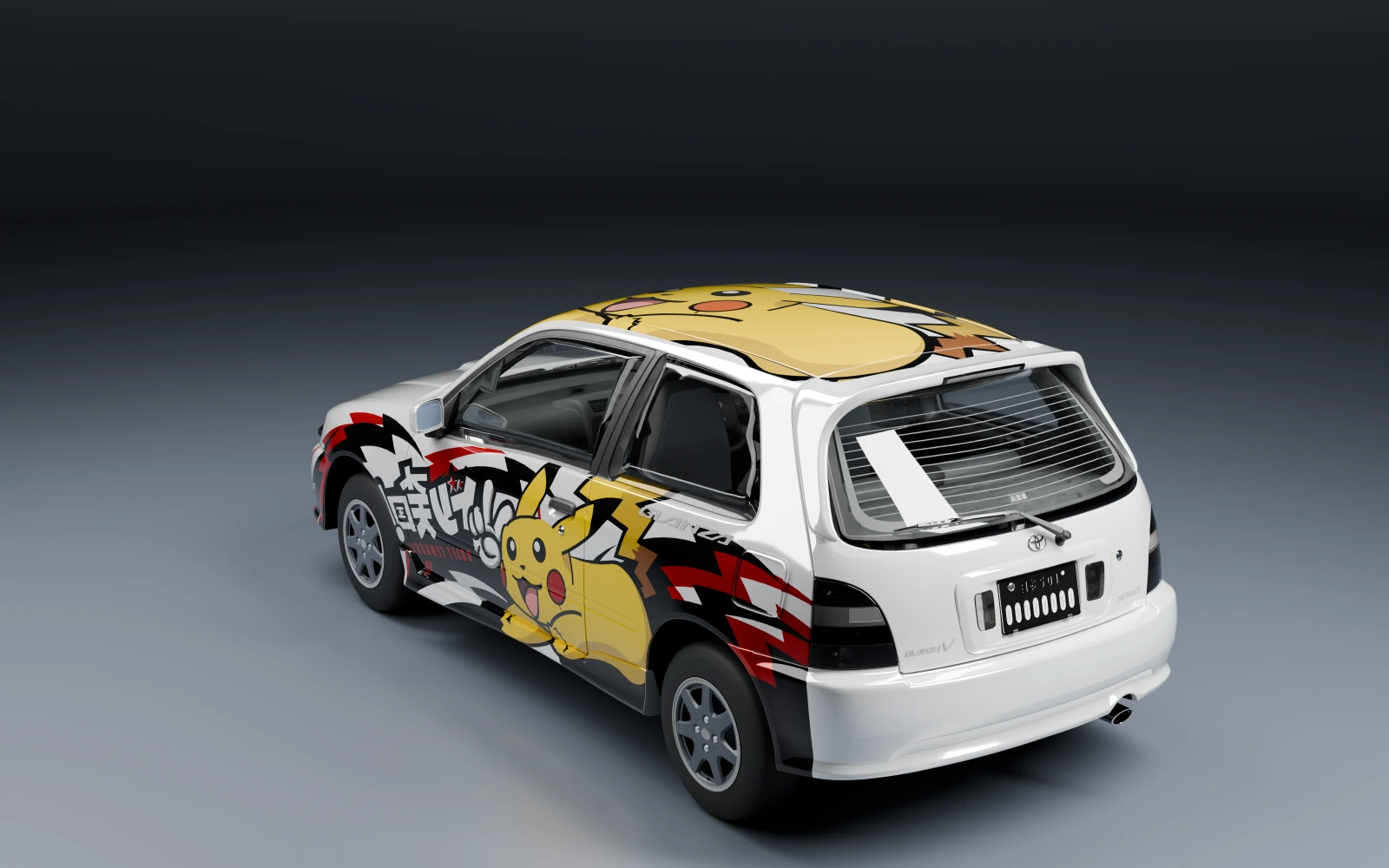 Toyota Starlet Glanza V 1996 × Pikachu · Rear quarter · Studio