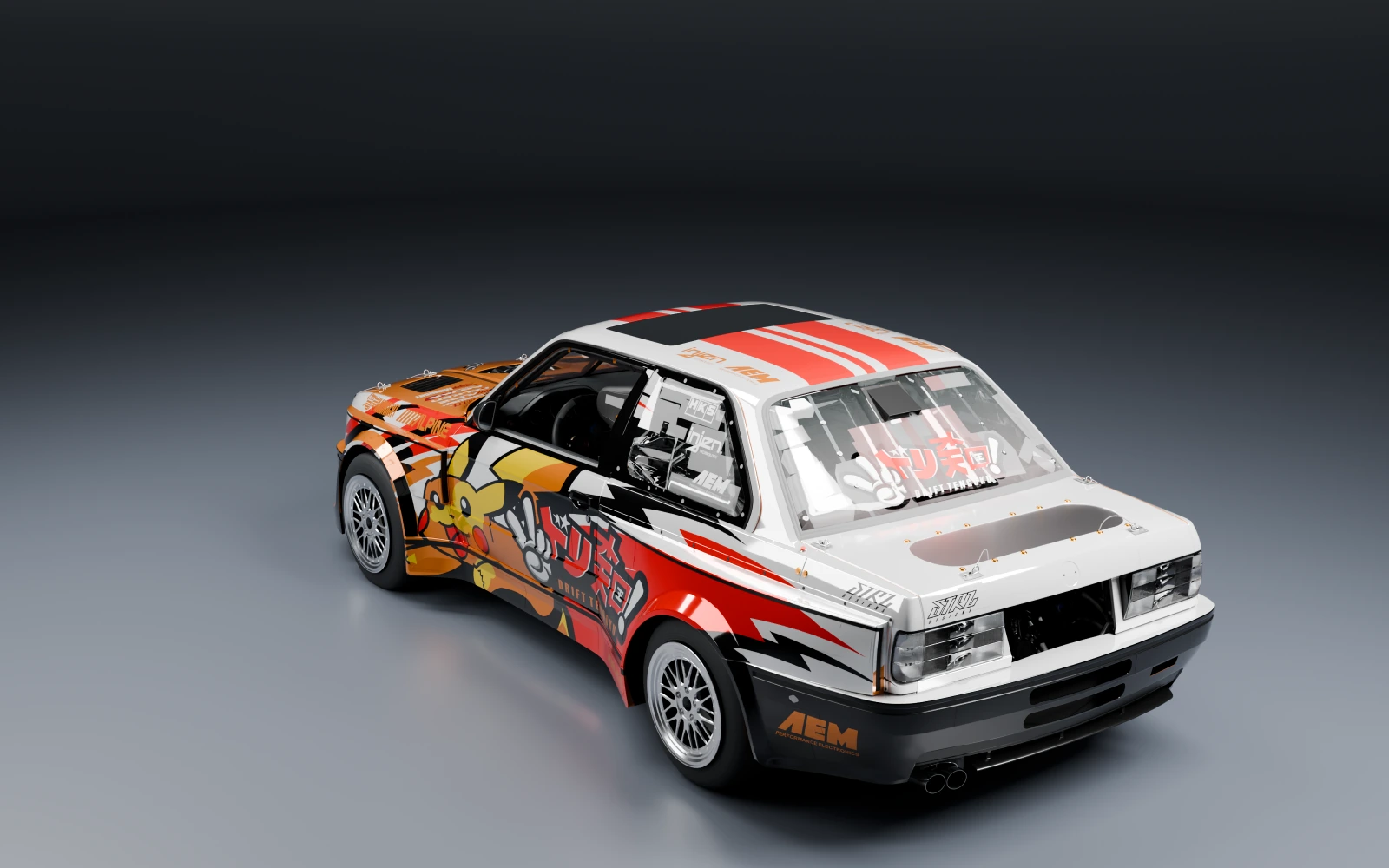 Formula Drift #98 BMW 325i 1989 × ピカチュウ · リア斜め · スタジオ